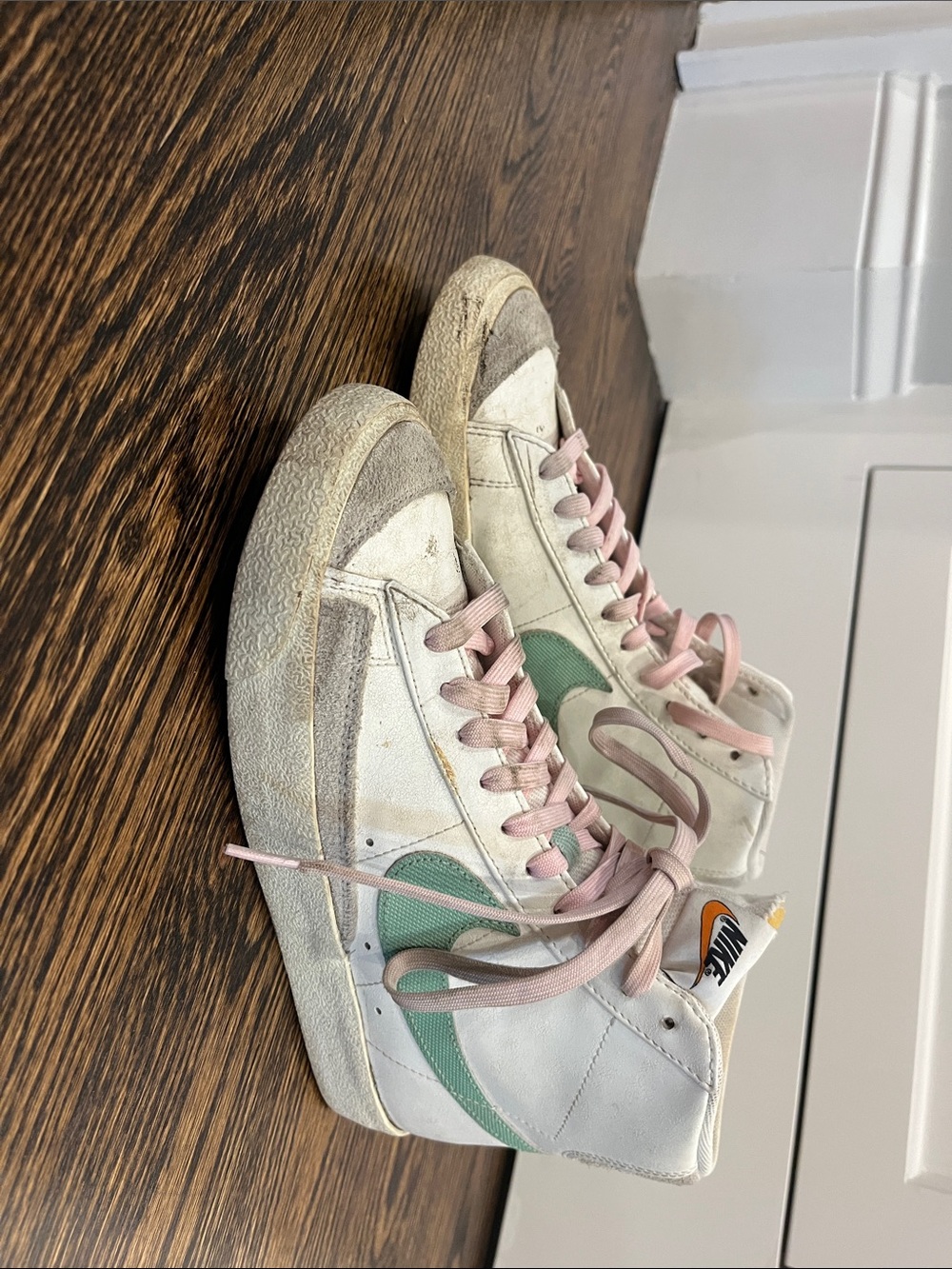 Nike High-Top Sneakers in White with Mint Swoosh and Pink Laces